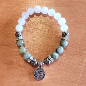 White Jade & Moss Agate Lotus Charm Bracelet